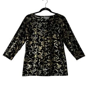 JM COLLECTION Top Womens Medium Black Gold Metallic Scroll 3/4 Sleeve Stretch